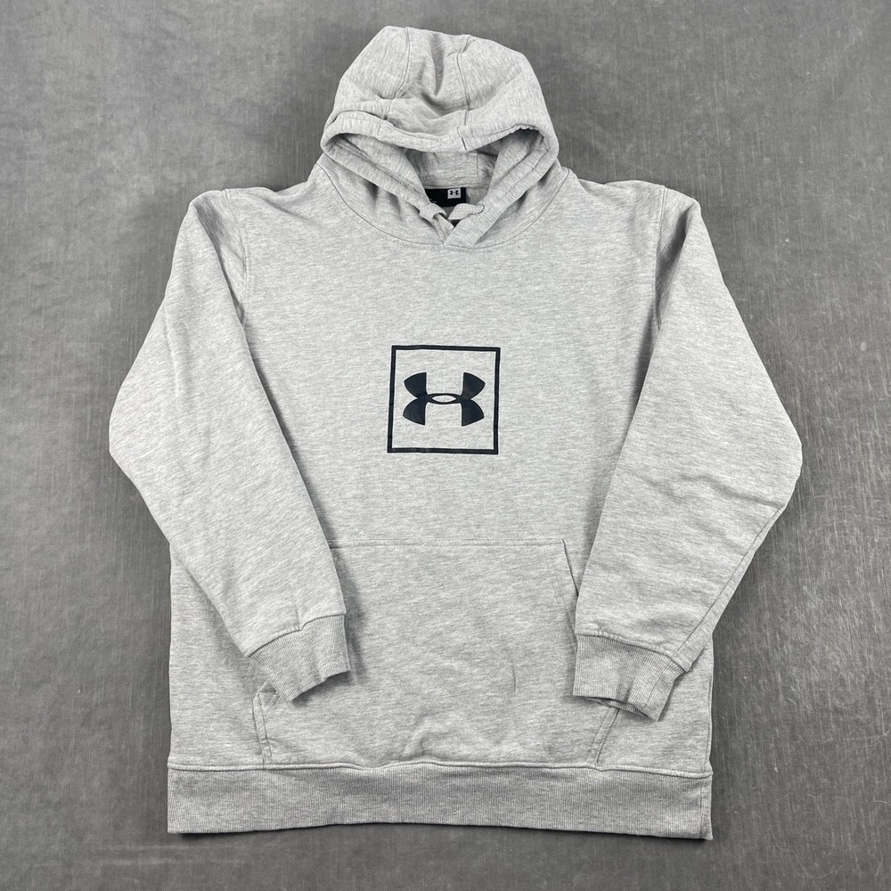 Under Armour Men Large Gray Hoodie Pullover Box Logo Fleece Sweatshirt